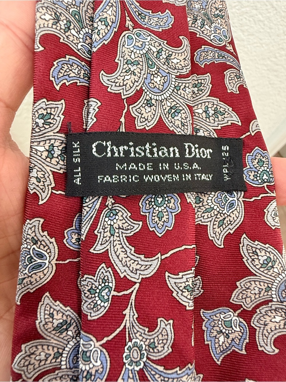 Christian Dior Red Paisley Silk Tie with Blue and Cream Accents